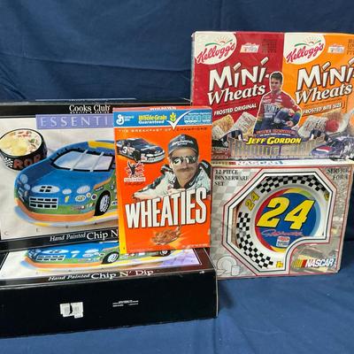 NASCAR Cereal Gordon, Earnhardt, Stoneware Dishes And Serving Chip And Dip 