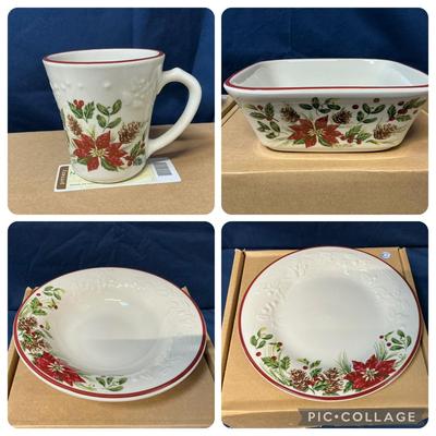 Longaberger Pottery Natures Garland Soup Bowls, Mugs, Serving Bowl, & Holiday Lunch Plates