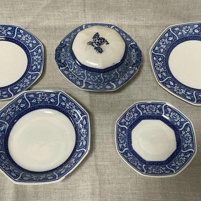 Whieldon Ware Blue White Flow-ware Plates, Bowl, Covered Dish