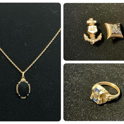 10k Gold Necklace & Pendant, 1964 Class Ring & Pins 