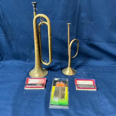 Two brass Horns/ Bugle And Harmonicas 
