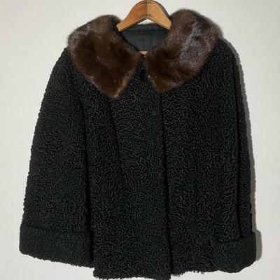 Miller Brothers Black Curly Lamb Fur Coat Mink Collar