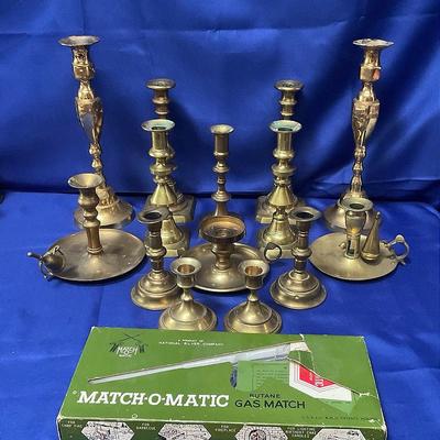 Brushed Brass Candlesticks And Vintage Butane Match-O-Matic Lighter