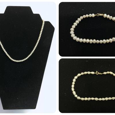 14k Gold Clasp Pearl Necklace & Bracelets 