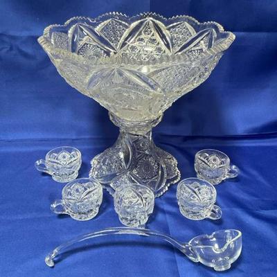 Gorgeous Pedestal Cut Glass Punch Bowl And Cups