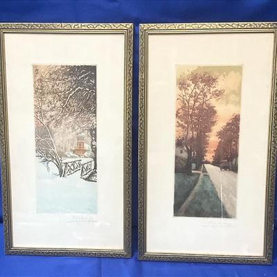Pair Of Framed Signed Original Etching 21” X 12”