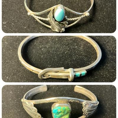 Three Sterling Silver Turquoise Bracelets (45 Grams Total)