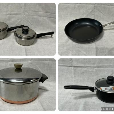 All-Clad, Amway Queen, Revereware Copper Bottom, & Tramontina Cookware