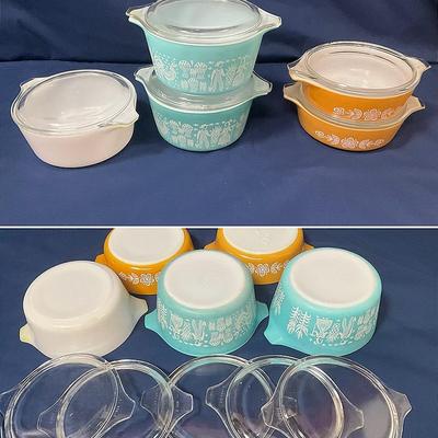 Amish Butterprint And Butterfly Gold Pyrex Containers With Lids