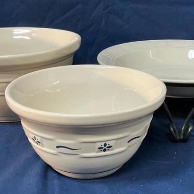 Longaberger Pottery Woven Traditions Serving Bowls & Stand