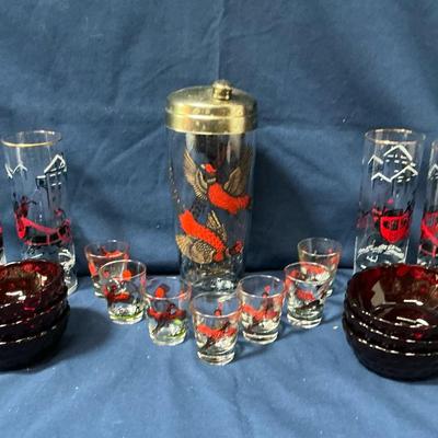 Holiday And Cardinal Barware With Cranberry Desert Cups 