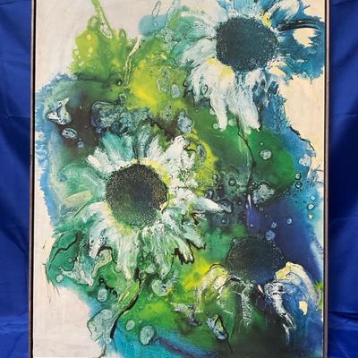 Abstract “Sunflower Study” Printed On Wood 30x40 Vintage