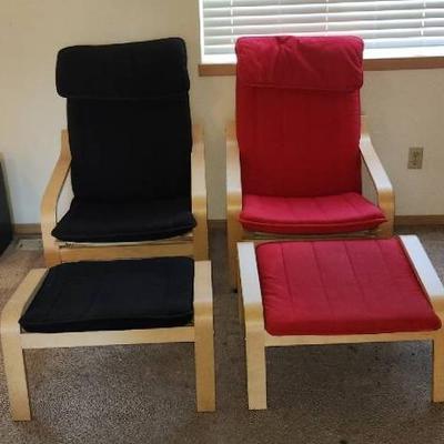 Black & Red Ikea POANG Armchairs With Ottomans