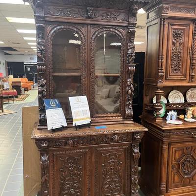 Sale Photo Thumbnail #59: German hunt cabinet hand carved made from black forest wood, appraisal and original keys included $5500.00