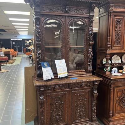 Sale Photo Thumbnail #60: German hunt cabinet hand carved made from black forest wood, appraisal and original keys included $5500.00