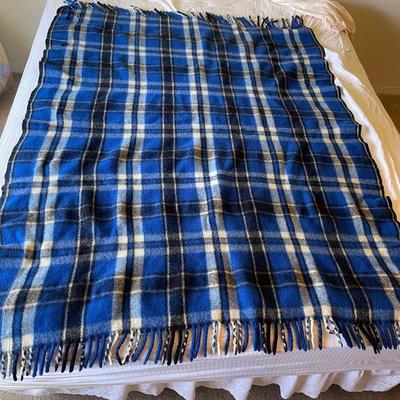 70’s Blue Plaid Wool Fringe Blanket