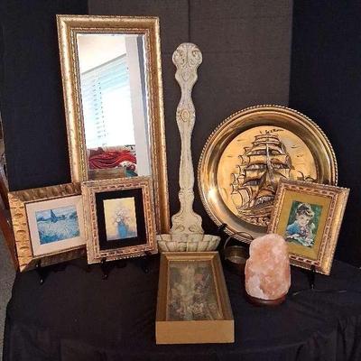 Framed Mirror, Ship Plate, Salt Lamp & Framed Art Collection