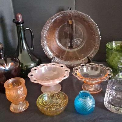 Vintage Colored Glassware Collection Featuring Paul Masson Bottle
