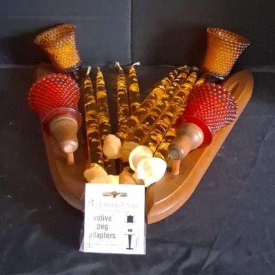 Red & Amber Hobnail Peg Votive Holders, Lucite Candles & Biedermann Peg Adapters