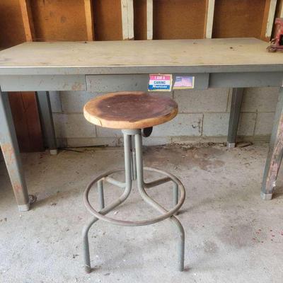 Metal Workbench with Vise and Adjustable Stool