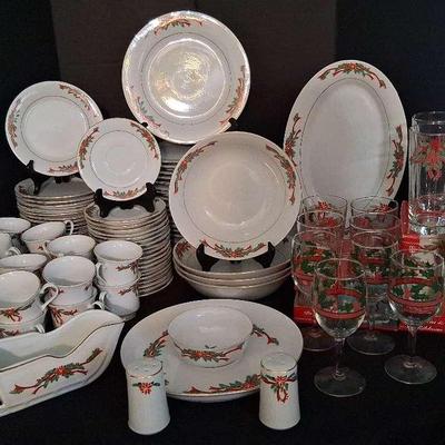 Tienshan Poinsettia Ribbon China & Anchor Hocking Holiday Glassware Collection