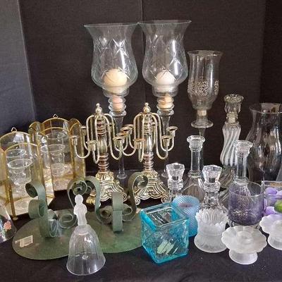 Glass Candleholder & Decor Collection, Featuring Dual Brass Hurricane Candelabras