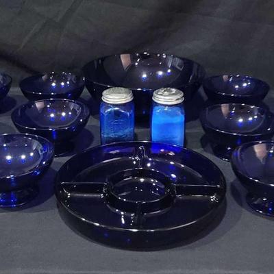 Cobalt Blue Glass Bowl Set with Vintage Shakers