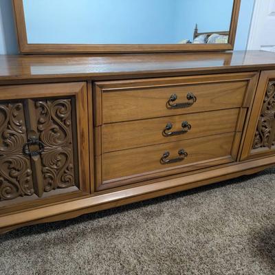 Mid-Century Carved Wood Dresser with Mirror