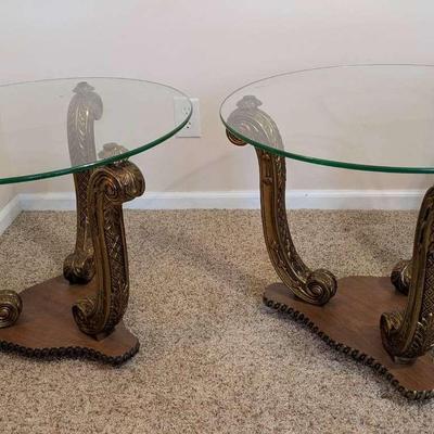 Pair Of Ornate Metal & Glass Side Tables