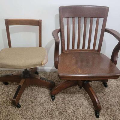 Pair of Wooden Office Chairs on Casters