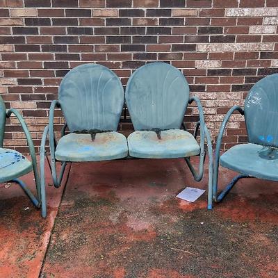 Vintage Green Metal Two-Seat Glider with Matching Chairs