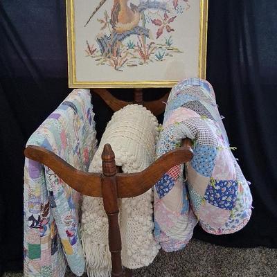 Framed Pheasant Needlework with Wooden Quilt Rack & Vintage Quilts