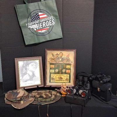 Military Memorabilia Collection, featuring Jason Binoculars, Framed Civil War Display & Army Pins