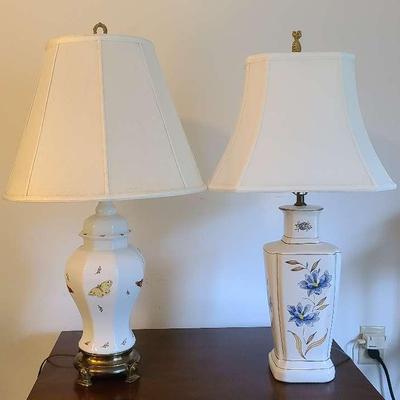 Pair of Ceramic Table Lamps with Floral and Butterfly Motifs