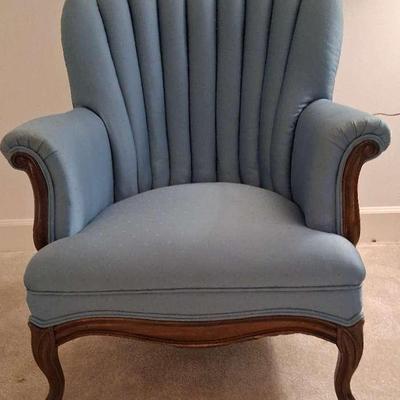 Blue Upholstered Accent Chair with Channel Back and Carved Wood Frame