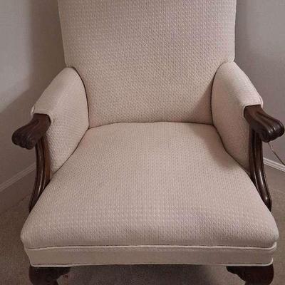 Upholstered Armchair with Carved Claw Feet and Scroll Arms
