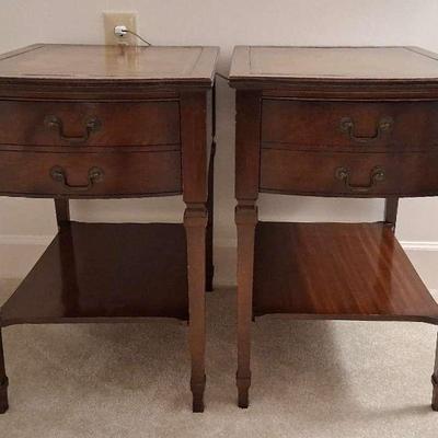 Pair of Vintage Inlay-Top End Tables with Lower Shelf