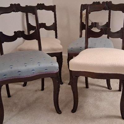Set of Four Vintage Carved Dining Chairs with Mixed Upholstery