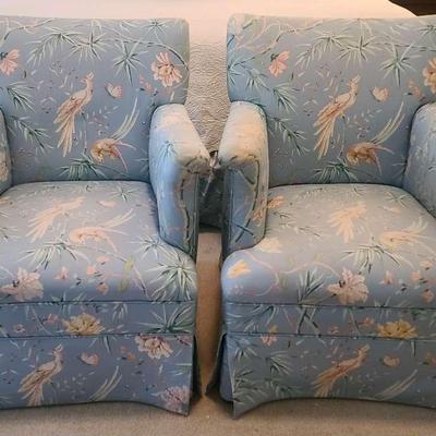 Pair of Vintage Upholstered Club Chairs with Bird and Floral Pattern