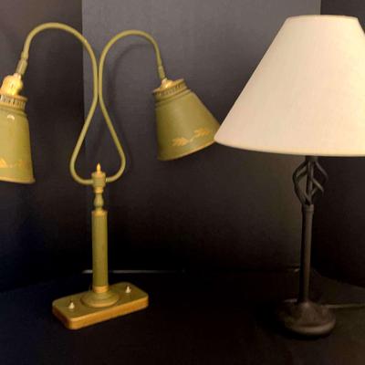 Pair of Metal Table Lamps Including Hand-Painted Tole Style Lamp