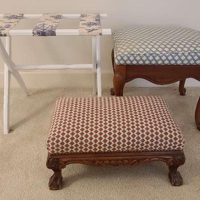 Upholstered Footstools and Folding Luggage Rack Trio