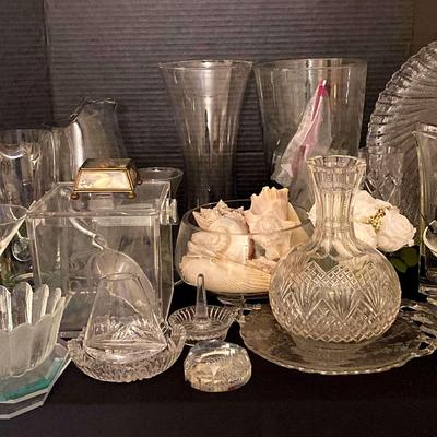 Assorted Glassware Collection with Vases, Pitchers & Decorative Pieces