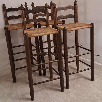 Four Rustic Ladderback Bar Stools with Rush Seats