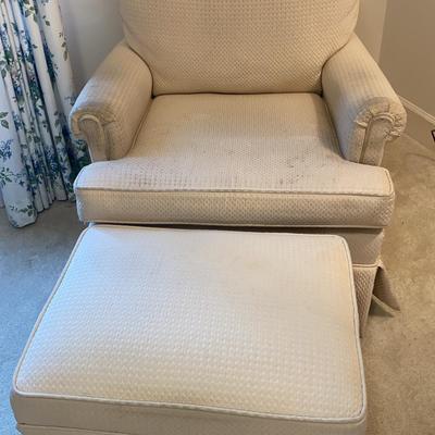 Cream Upholstered Chair with Matching Rolling Ottoman