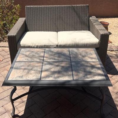 Wicker Patio Sofa W/ Cushions And Large Tile Table