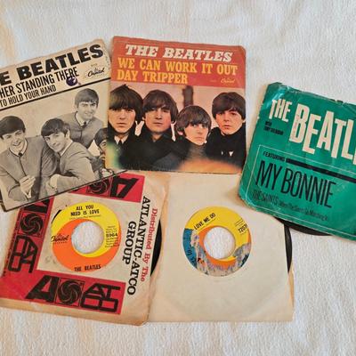 Five Vintage Beatles 45rpm Records including "Love Me Do" & "I Want to Hold Your Hand"