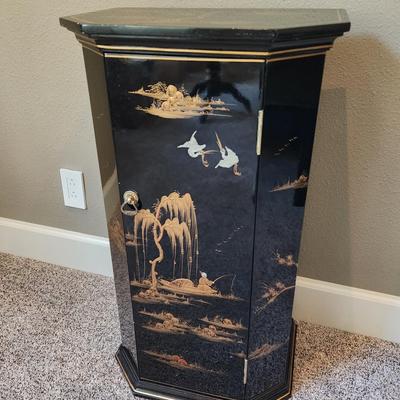 Vintage Asian Handpainted Black Lacquer Cabinet - 17x12x30"