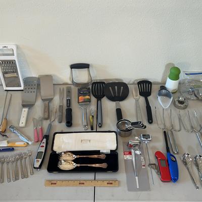 Kitchen Utensil Lot - Cheltenham & Co Silver-Plated Salad Servers, Taylor Candy Thermometer, & More