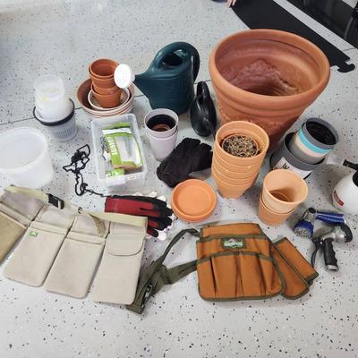 38+pc Gardening Lot - Ceramic Pots, Sprayers, Gloves, Tool Belts, Stakes/Twine