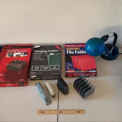 Office Supplies Lot 1 - Hanging Folders, Desk Lamp, & Globe